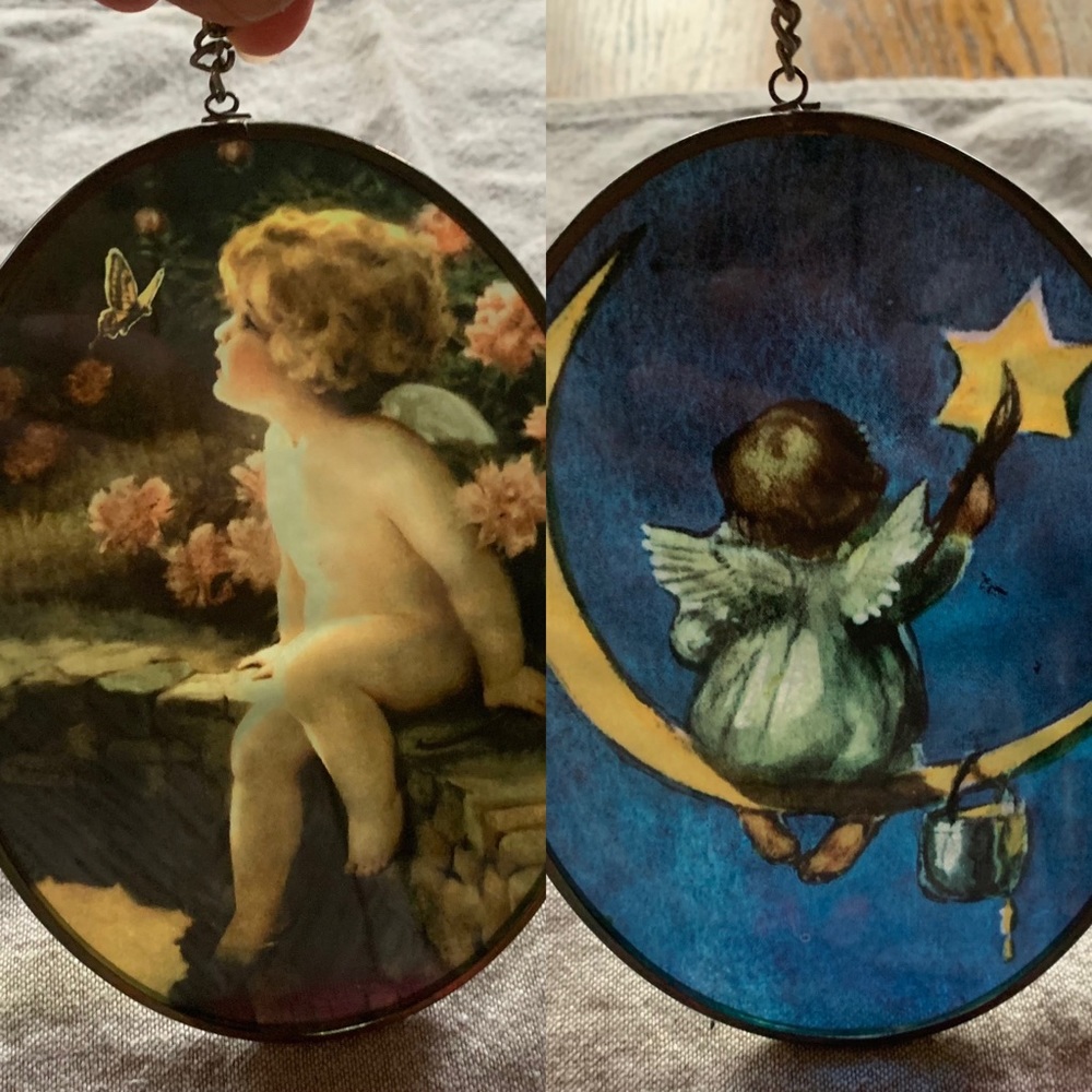 2 Vintage Suncatchers *Pls Read Cherub W/butterfly Stars Glass Celestial